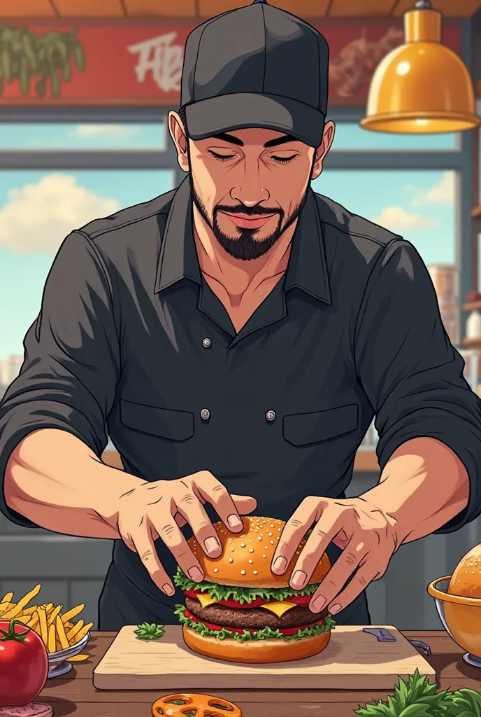 Create for me a Light Brown Man,  not too tall  ,not too thin, he has a thin beard  ,with cap ,working in a burger joint making hamburgers ,wearing the black uniform , in anime 