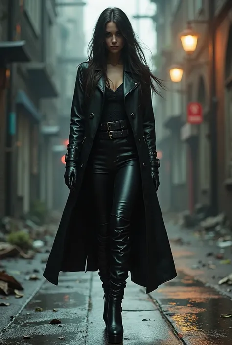 We look at a woman in a leather trench coat and leather boots from the bottom up. 