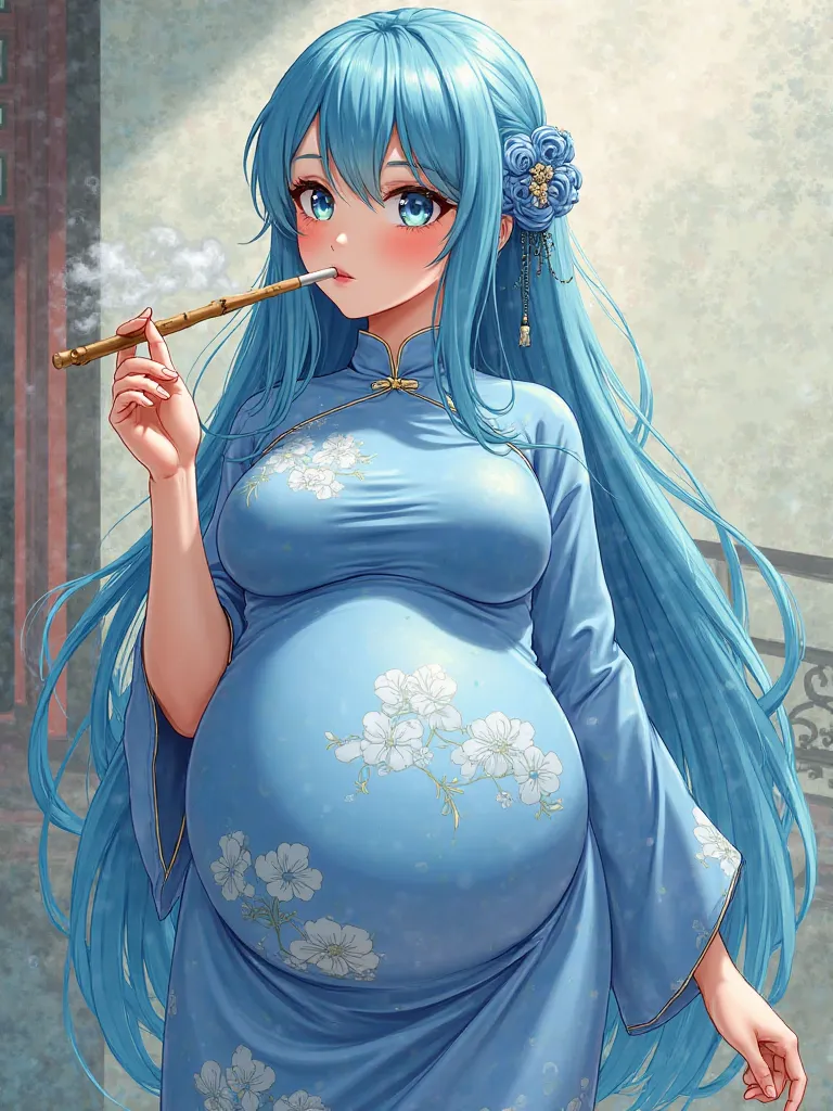 anime obese girl long sky blue waterfall hair with big  in a blue dress holding and a bamboo cigarette extremely detailed artgerm, seductive anime girl, with very large belly style artgerm, beautiful alluring anime woman, cute anime waifu in a nice dress, ...