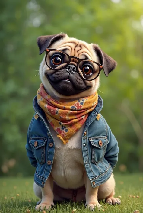 Happy female pug dog with glasses dressed in urban clothes green background