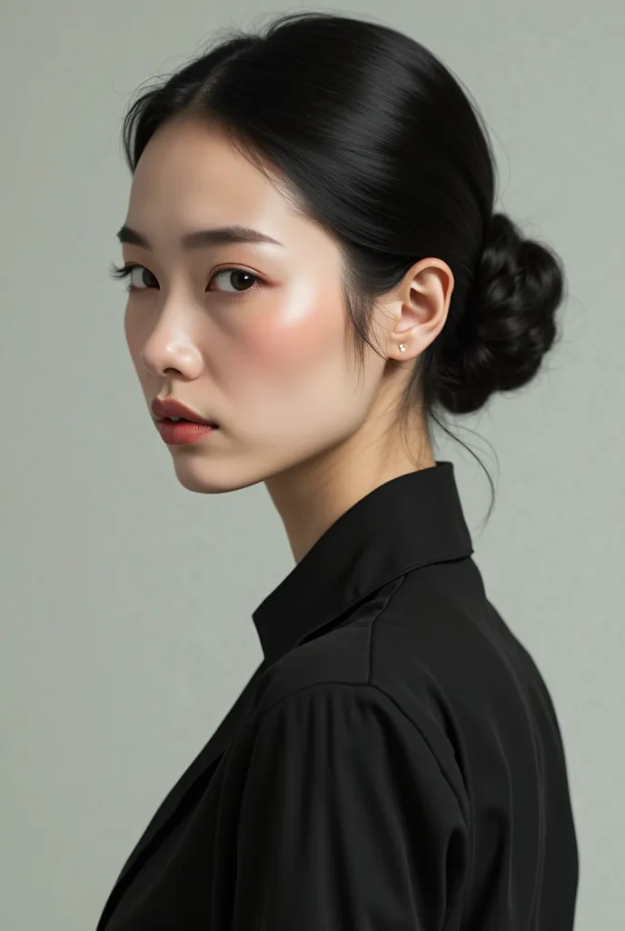 ×
Black hair woman,sharp chin,round forehead,hair bun, black shirt, human
