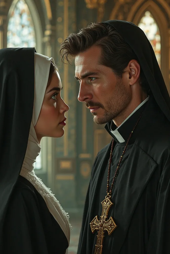 A very attractive green-eyed nun, She is in front of a very attractive priest with gray eyes, Square jaw that also looks at it