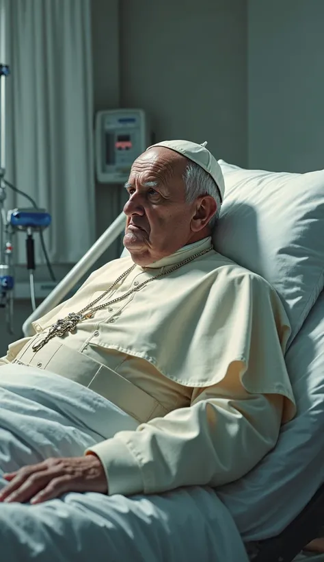 Generate a quality image of the Pope admitted and bedridden at the hospital, With a slumped face 
