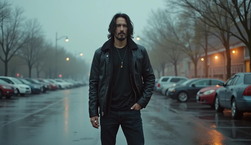 Promt: "A rainy grey morning. Keanu Reeves стоит перед небольшим кафе с неоновой вывеской.   empty parking , . The morning light makes the scene warm, but a little sad." Keanu Reeves:
 • Age : About 50 years
• Appearance:  Tall, thin, with long dark hair u...