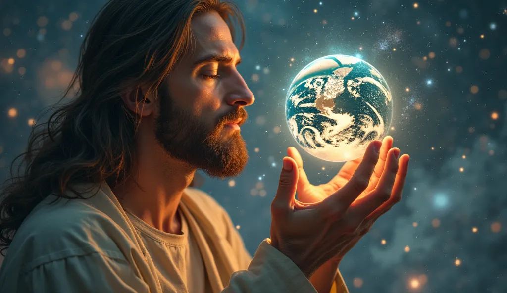 A cinematic ultra-HD digital painting of Jesus Christ raising a glowing, translucent Earth to eye level in deep prayer. His face, captured in a close-up perspective, reveals a serene yet powerful expression filled with divine love and wisdom. His soft, clo...