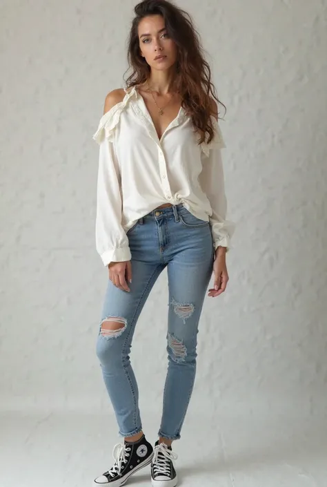 Woman with more youthful clothing, beautiful silueta ,a loose white blouse with one of her shoulders bare and marking her silhouette perfectly, tight jeans and sneakers converse, You can tell how beautiful, beautiful