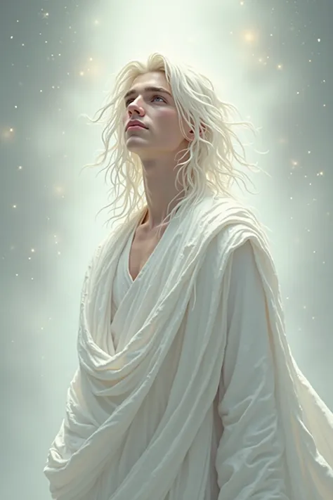 Young adult man with long white hair in heavenly white robes 