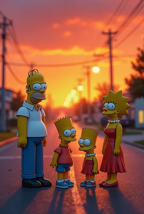 unCreate an image of the characters from The Simpsons with a casual style and very striking fluorescent colors, where Homer, Marge, Bart and Lisa are dressed in relaxed and fun clothes, and the background is a neon orange sky with Springfield lights reflec...