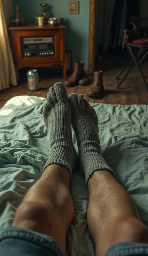 Ultra-realistic POV showing only Dean Winchester’s feet as he lies on his bed in an old motel room. His calloused feet rest on slightly messy sheets, one still covered. He wears worn-out socks with a small hole at the tip, revealing part of his toes. Small...