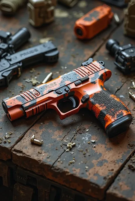 a desert eagle on a war table with an orange and black skin that says PHUB on the top