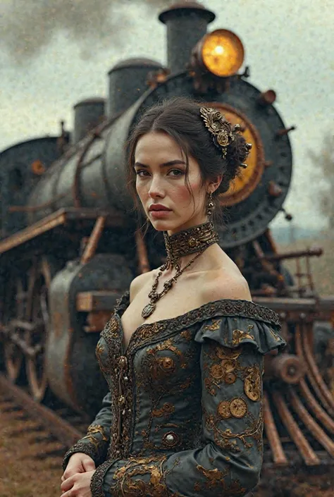 Beautiful steampunk woman in front of a steampunk steam train