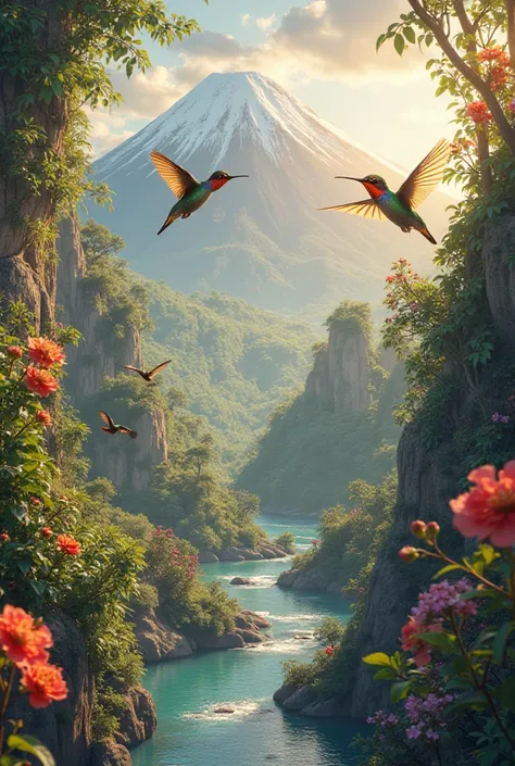 Hummingbirds with lavi and volcano in the background