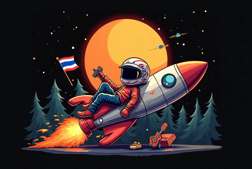  logo design,  component ,
- A boy is lounging on a rocket.
- Wear a racing helmet
- There are toys placed around, Joystick game, guitar, Flag of Thailand
- On the back there is the sun, word, Spacecraft, trees
- GTA 5 style, Black background