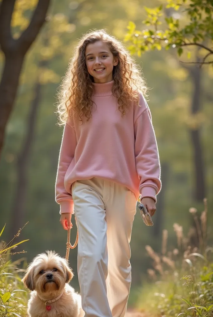 A 20-year-old girl with long curly hair tied with blond and brown, with white skin, with thick pink lips, with creamy brown eyes.,  with an hourglass body ,wearing a pink pomoxhe and long white pants with a white wallet, Walking a furry 3-month-old Shihtzu...