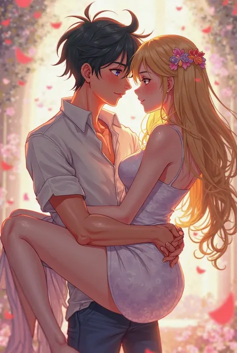  The anime character is a 17-year-old boy holding the charming blonde princess Malaka by her thigh holding her very beautiful butt