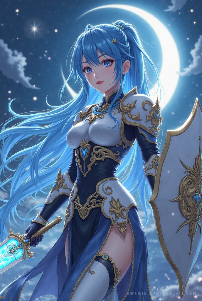 Anime Style Beautiful Girl, , Blue, Long Hair, Long Bangs, Cowardly White and Black Magical Armor, Moon Shield, Magical Helm, Holds the Magical Holy Sword