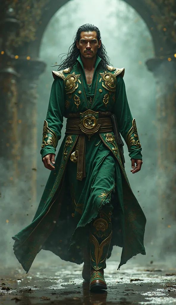 MARVEL's Loki wearing the costume of SHANG TSUNG from Mortal Konbat walking toward the camera. 