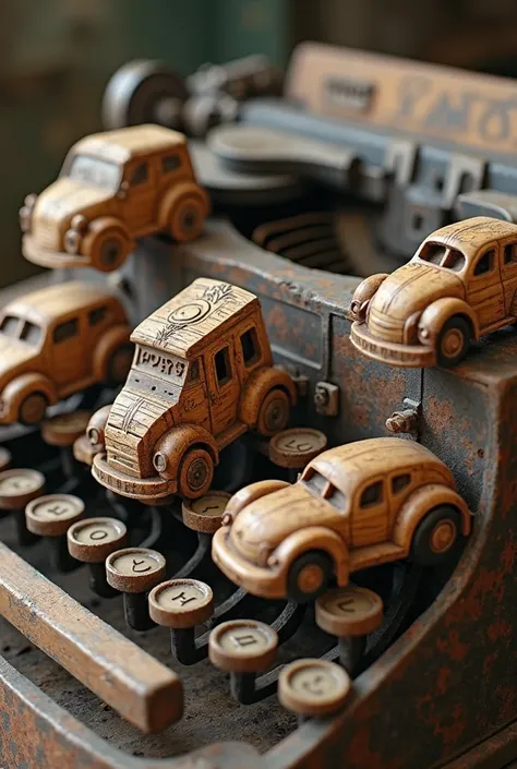 image of ren's cars made of wood, colored and unpainted without color that are engraved on the side of the typewriter