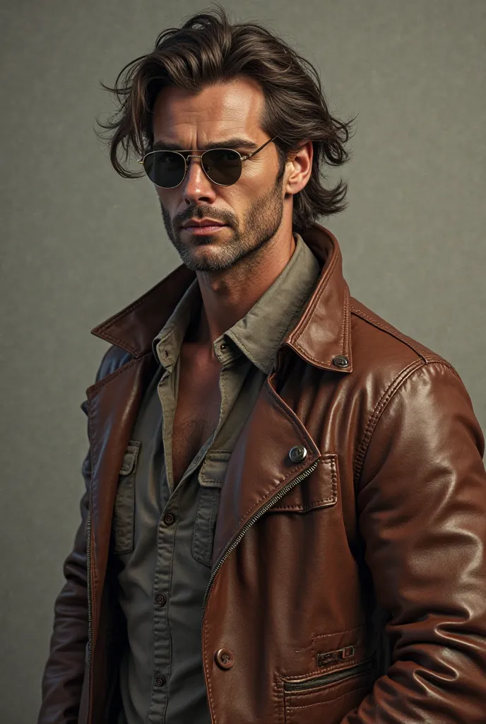 Draw a muscular man with long hair rayban glasses in a brown leather jacket 