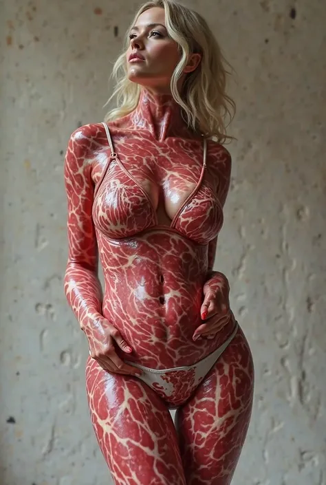 fantasy photo of steak shaped as woman body with all woman aspect and high leg panties swimsuit but everything in meat texture