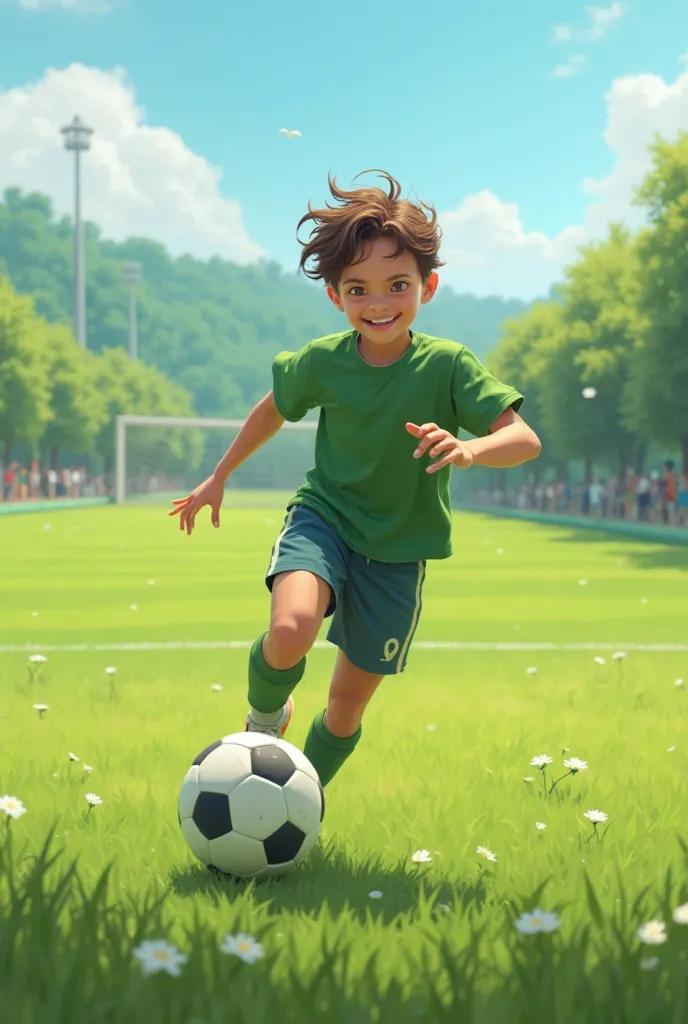 Make a 15-year-old white-skinned boy with free hair play with a soccer ball and a green t-shirt on a soccer field 