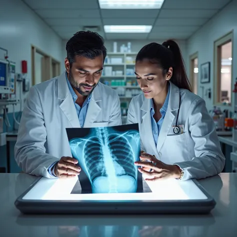 Latino male and female doctors meeting together reviewing chest x-ray in hospital.