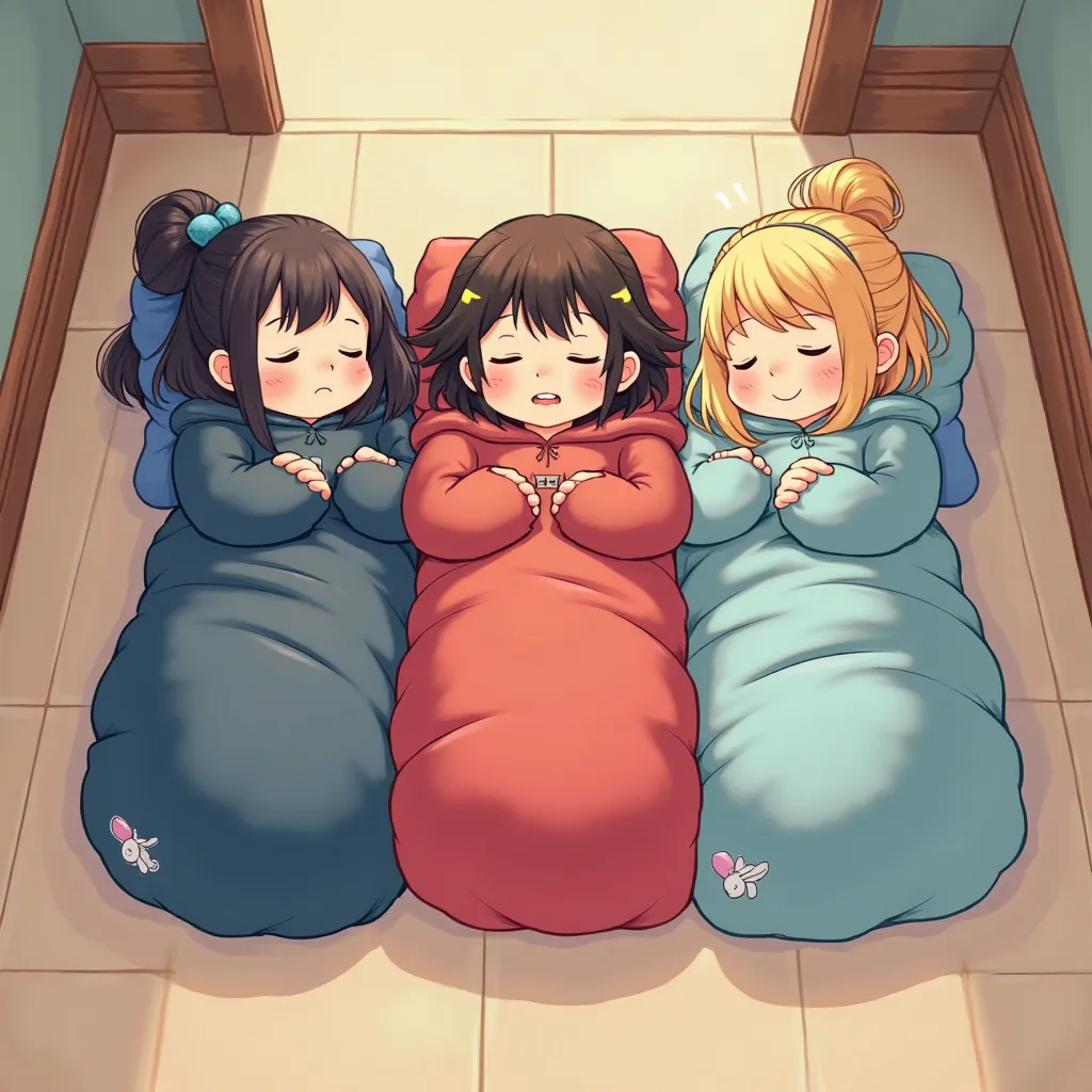 three girls lying in sleeping bags next to each other first lies in black and blue, druga w czerwonym a trzecia w chabrowym. Picture from above lying in the hall. styl narysowany kreskówkowy 
