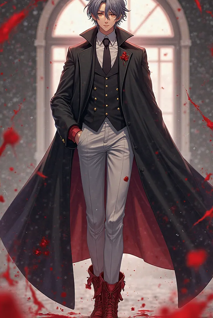 a young dark-haired man, smiling.  golden eyes, gray wavy hair. Wearing a black overcoat with bloodstain prints, white pants and red boots with blood details (anime style)

