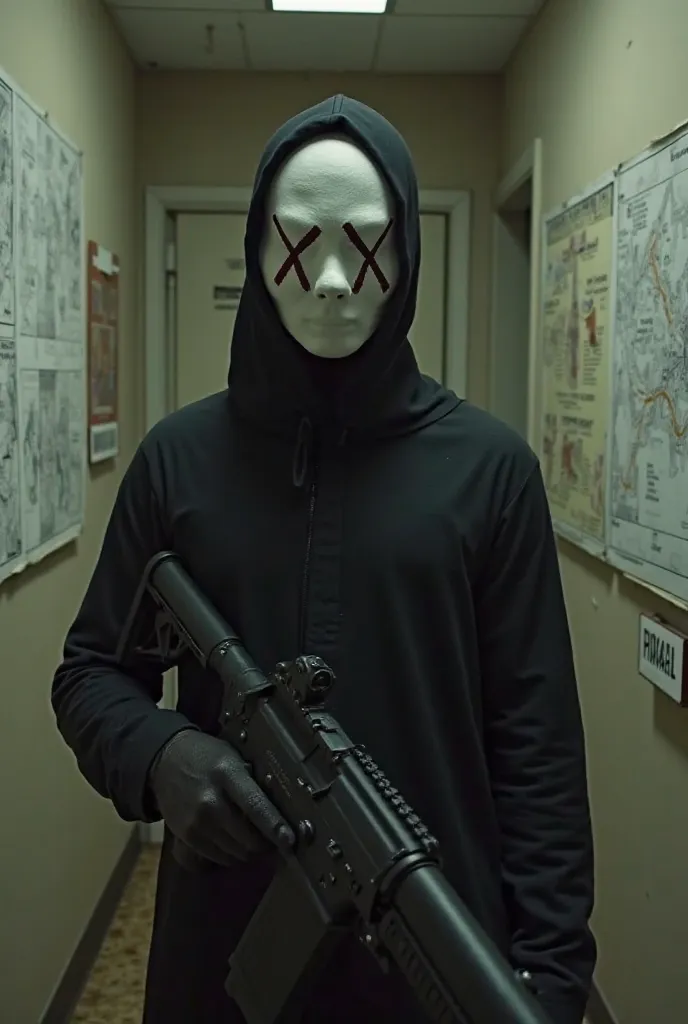 A person wearing a black ninja dress and a white cloth mask written with the letter X in black carries a machine gun inside a room with several plans on its walls and holds 5 frightened people inside the room