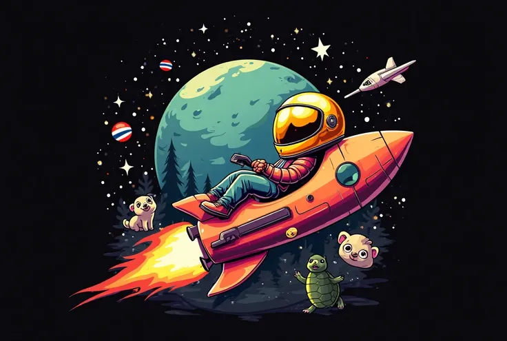  logo design,  components,
- A boy is lounging on a rocket.
- Wear a gold-colored mirror racing helmet
- There is a toy, Joystick game, Puppy, Kitten, Turtle, guitar, Flag of Thailand
- In the back there is an Earth star., Spacecraft, trees
- GTA 6 style, ...