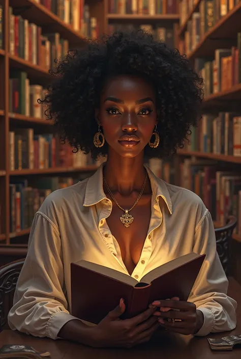 Create a beautiful black woman inside a bookstore 