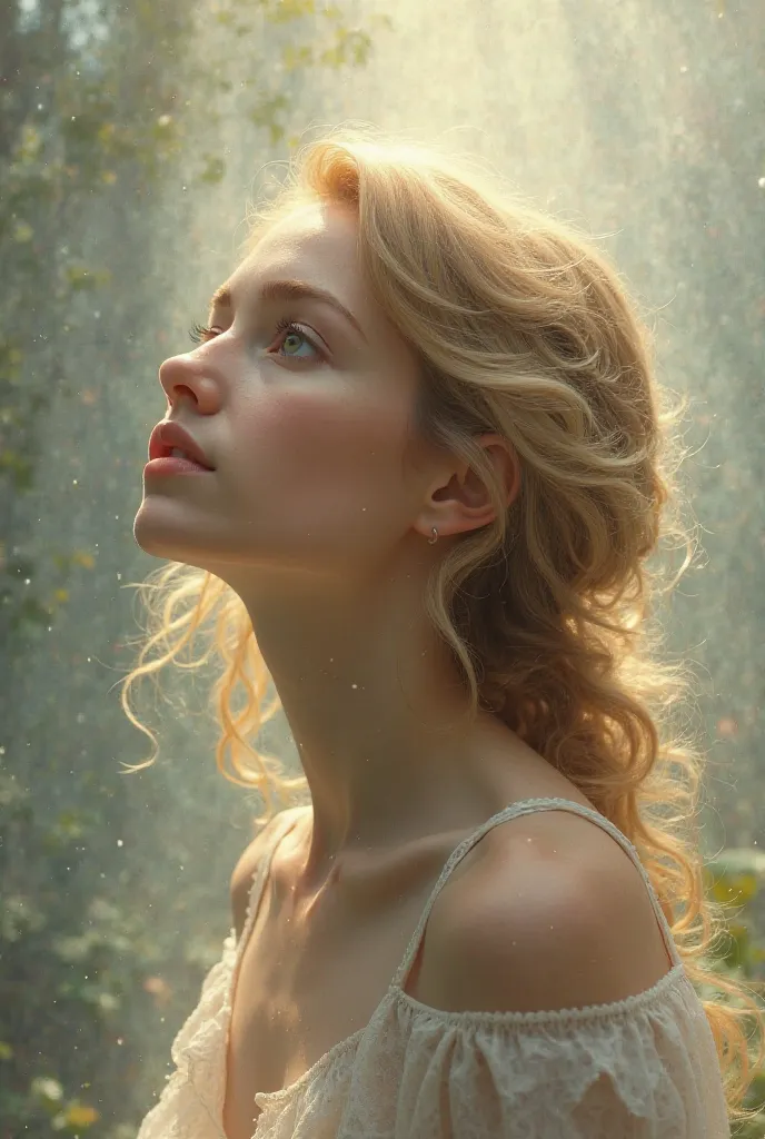 A woman with curly blond hair looking up at the sky 