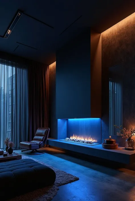 The living room is immersed in a dim, captivating ambiance, where every detail exudes sensuality and mystery. At the center, a sleek rectangular fireplace emits a hypnotic blue glow, its reflections dancing on the deep-textured dark walls. The suspended so...