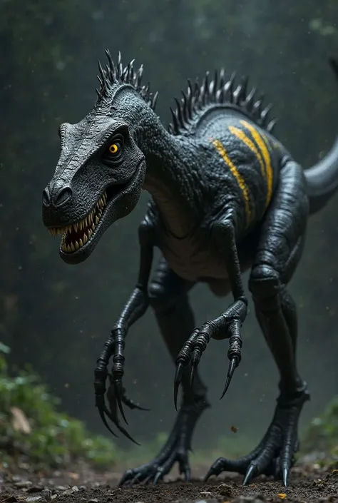 Jurassic world a black scary skinny velociraptor walking on all fours with one arm up, small spikes on its back and two yellow stripes running vertically and claws on its fingers