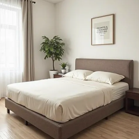 double bed, Modern apartment room. double bed com dois travesseiros, It has a thin and simple bedspread without any folds normal bed. On the left side,  in slightly there is a window with a white curtain,  letting in natural light slightly, on the right, t...