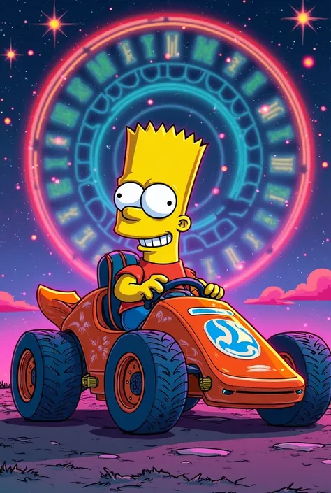 Create an image of The Simpsons with very striking fluorescent colors, where Bart Simpson is dressed in a fun car racing hoberol, And the background is the Mayan calendar in neon colors with the starry sky reflected on the horizon.