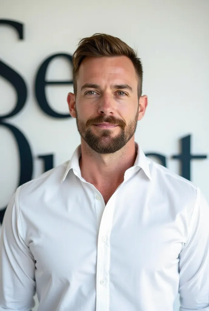 Medium build white American male with very short brown hair with short brown Beard and mustache wearing a white shirt button up With White Wall behind him with the words Sea Quest large wording 