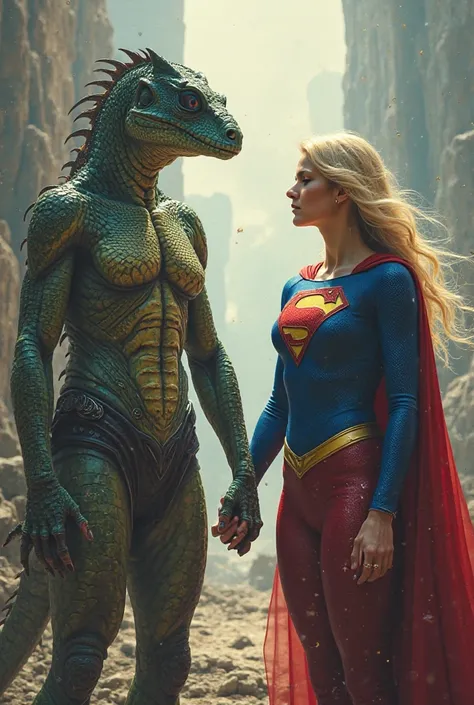 Lizard woman holding hands with a supergirl. 