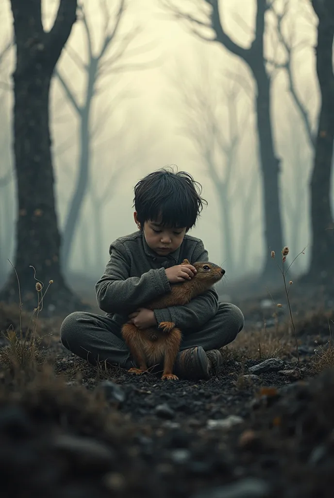 A  sitting on a small piece of grass in the middle of a burnt forest with a dead squirrel in his arms 