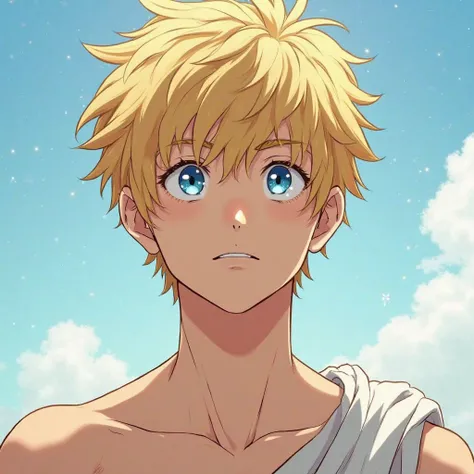 Create an image of a boy with anime and manga style, with an adult appearance of 30 years old, with very messy golden blond hair and blue eyes like the sea and sky, like two diamonds that never lose shine and a skin that is too white like porcelain and wit...