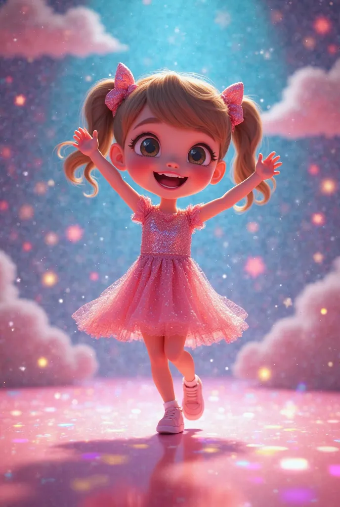 A cute and lively one, in a shiny dress and ties in her hair, appears dancing in a super colorful and magical setting. She smiles at the camera and applauds, calling the s to dance with her. The background has bright stars and fluffy clouds floating. The s...