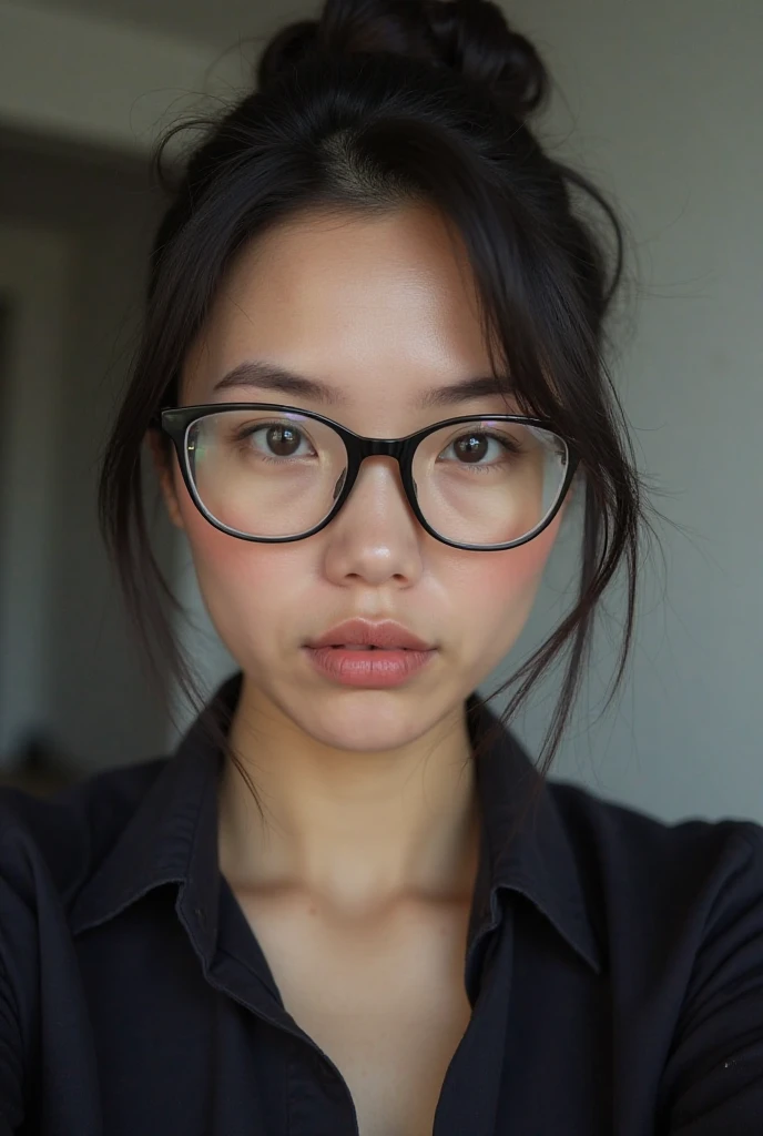 Black hair woman,sharp chin,round forehead, a very neat hair bun ,human,hair tucked behind ears, black shirt, wear thin rectangle glasses,selfie , room background 