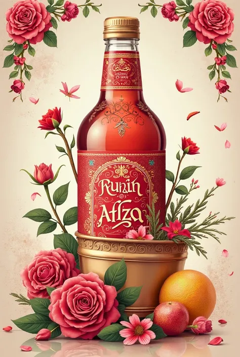 A high-quality, standalone product label design for an 800ml bottle, without the bottle itself. The label is rectangular (approximately 22 cm wide and 11 cm tall) and inspired by traditional herbal drinks with a rich desi aesthetic. It features a decorativ...