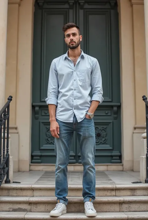 there is a man standing on the steps of a building, a picture by Nándor Katona, instagram, les nabis, full body picture, caio santos, casual pose, wearing a shirt and a jean, cool pose, photo taken in 2 0 2 0, around 1 , taken in the early 2020s