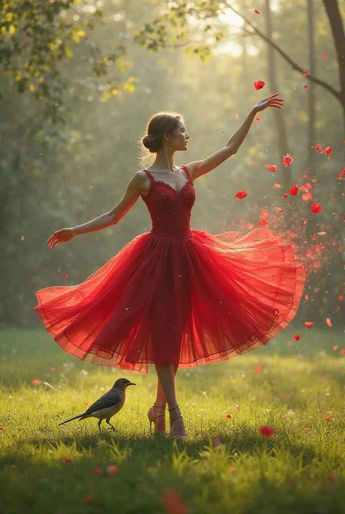 Flying bird , lands on a plain of grass , she becomes a ballerina in a red dress,who, when she makes body movements and turns on her axis, turns into a rose.