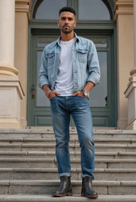 there is a man standing on the steps of a building, full body picture, caio santos, casual pose, wearing a shirt and a jean, cool pose, around 1 , photo taken in 2 0 2 0, taken in the early 2020s, by Nándor Katona, with a cool pose, in full growth