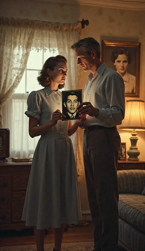 An ultra HD, vintage-style depiction set in the 1950s, showing Jennie and George Sodder standing together in their modest living room, staring at a black-and-white photograph with expressions of shock and hope. The photo shows a young man with familiar fac...