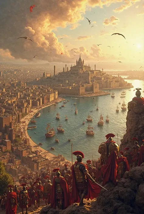 A panoramic view of the ancient city of Syracuse under attack by a powerful Roman fleet, with warships and soldiers ready for combat.  realistic style, with historical details, warm colors and a dramatic tone