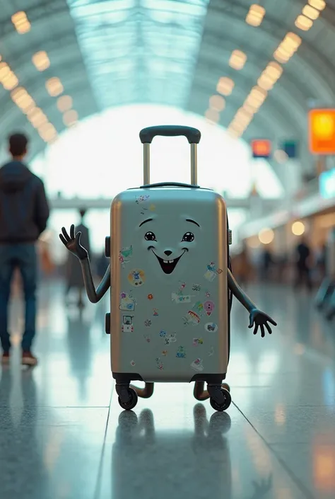 a travel suitcase with legs and hands animated, with a background inside an airport in perspective 