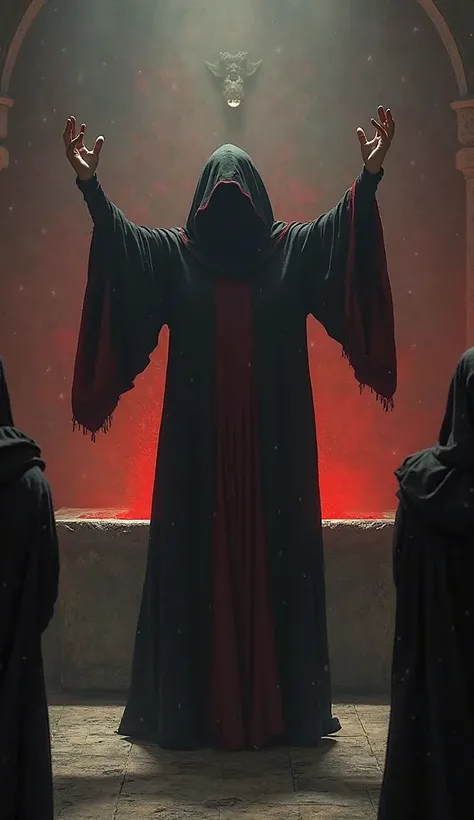 There is a man in the center of the hall wearing black robes with red trim.  His face is hidden in the shade , but arms are raised,  as if he were casting a . Around the hooded figure they bow in silent worship. There is a red glow on the altar, as if some...